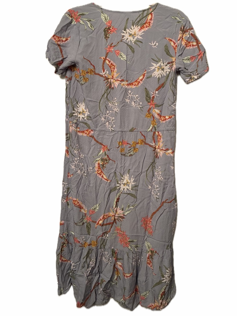 ANKO Floral V-Neck Button Front Tie Waist Midi Dress Blue Grey Sz 2 Ruffle - Picture 14 of 16